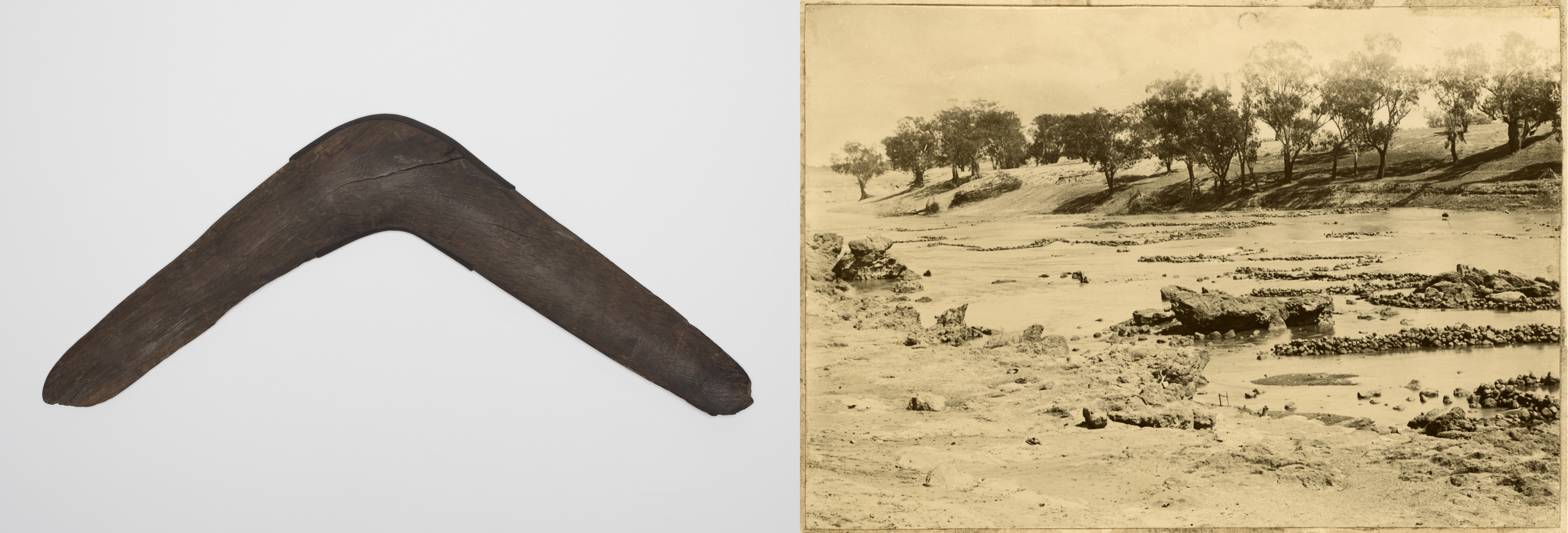 Two images side by side. Left: simple wooden boomerang. Right: sepia photograph of a river system featuring Indigenous-designed fish traps.